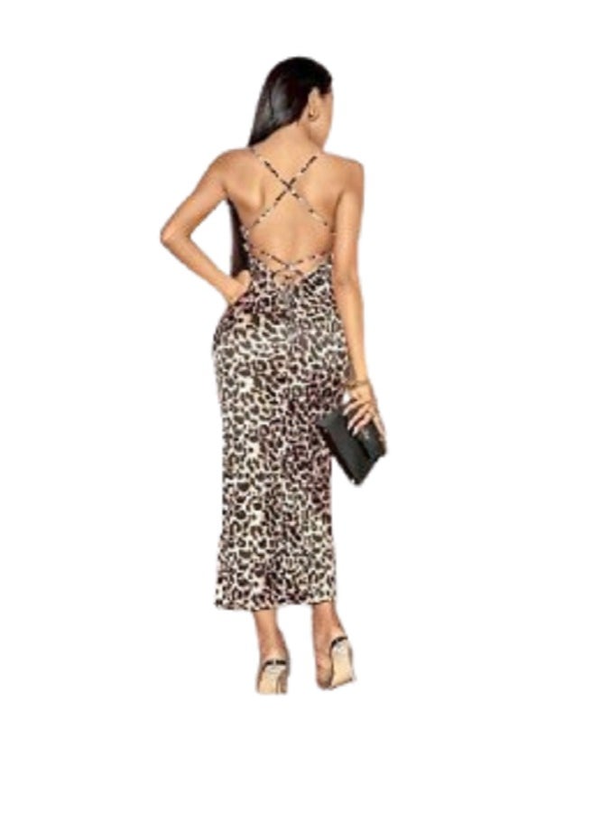 Ward Women's Long Tiger Print Lingerie Dress with Side Slit Backless and Adjustable Straps  - Image 2