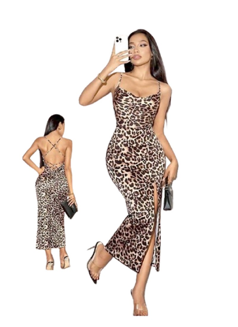 Ward Women's Long Tiger Print Lingerie Dress with Side Slit Backless and Adjustable Straps  - Image 3