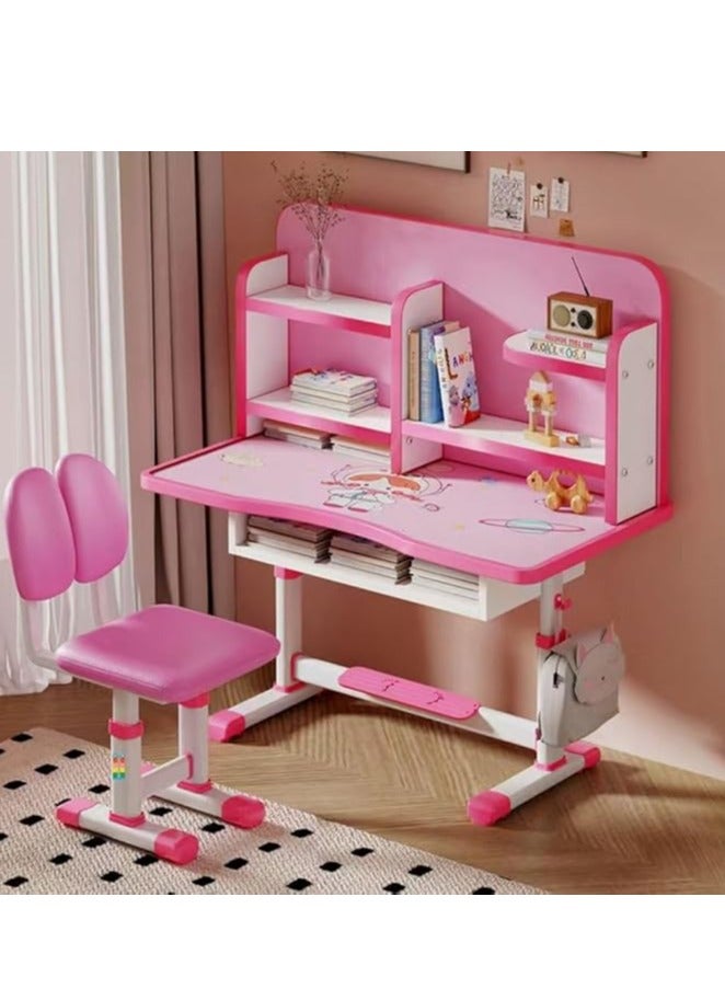 Generic Kids Study Table Chair Set, Girl Boy Adjustable Height Study Desk with Bookshelf, Wooden Children School Study Laptop Workstation Table Stand for Home School Learning Writting Reading (Pink)  - Image 1