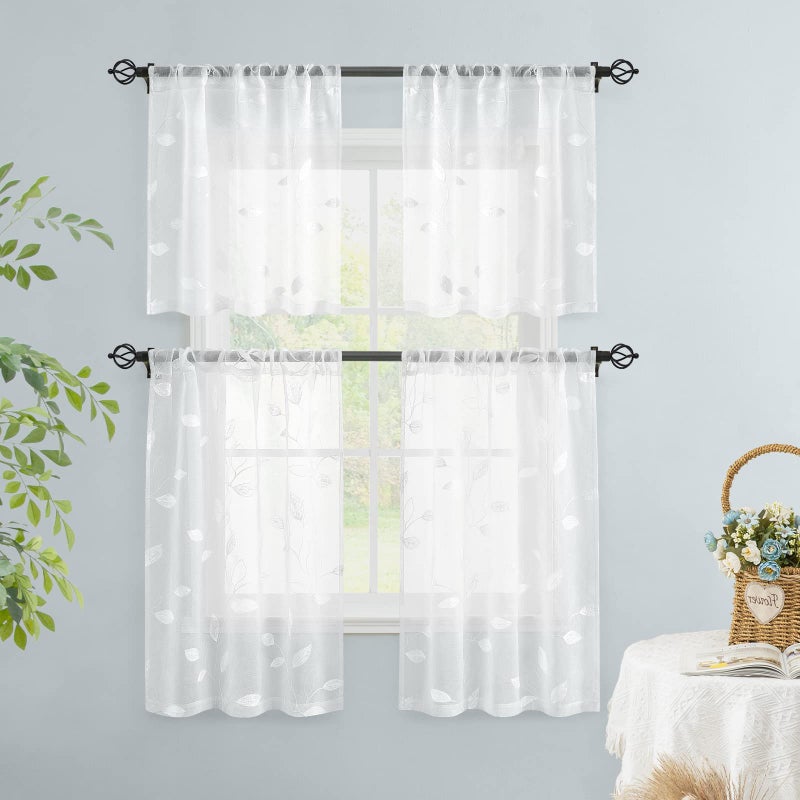 HOMEIDEAS HOMEIDEAS White Sheer Kitchen Curtains 30 X 24 Inch Length 2 Panels Embroidered Leaf Pattern Short Curtains for Small Window Valance Tiers - Image 5