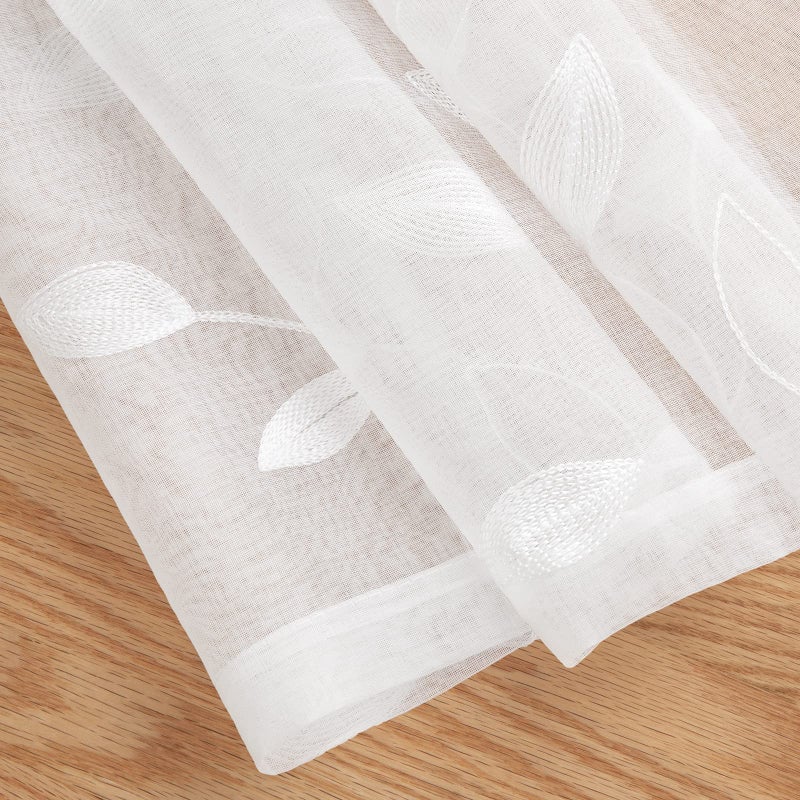 HOMEIDEAS HOMEIDEAS White Sheer Kitchen Curtains 30 X 24 Inch Length 2 Panels Embroidered Leaf Pattern Short Curtains for Small Window Valance Tiers - Image 3