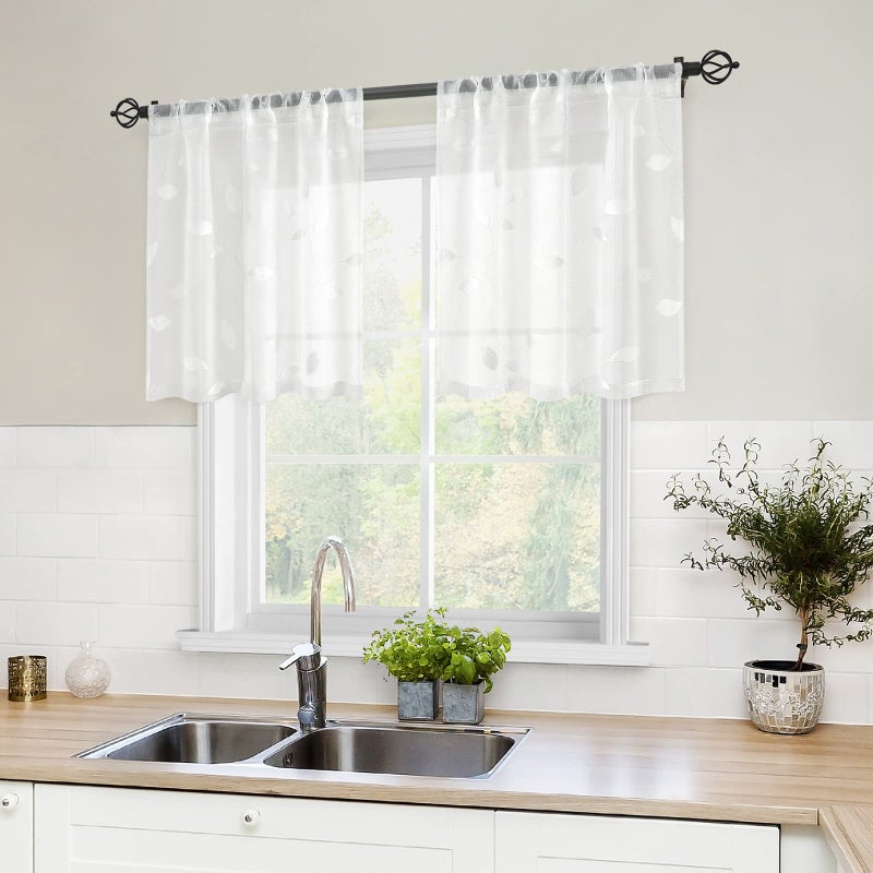 HOMEIDEAS HOMEIDEAS White Sheer Kitchen Curtains 30 X 24 Inch Length 2 Panels Embroidered Leaf Pattern Short Curtains for Small Window Valance Tiers - Image 4