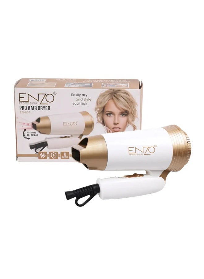 ENZO Professional مجفف الشعر القابل للطي ENZO EN-607 - مجفف شعر نانو تيتانيوم مدمج ومحمول مع محرك قوي، إعدادات حرارة وسرعة قابلة للتعديل، زر تبريد، وفلتر قابل للإزالة - النسخة الدولية (ذهبي) - Image 1