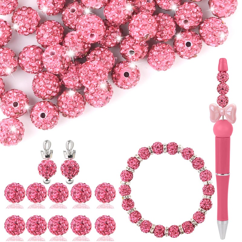 Clay Rhinestone Beads for Crafting 10MM Rose Round Shamballa Disco Ball Beads for Pens Making Sparkle Crystal Clay Bead for Jewelry Necklace Bracelet Earring Making 50Pcs