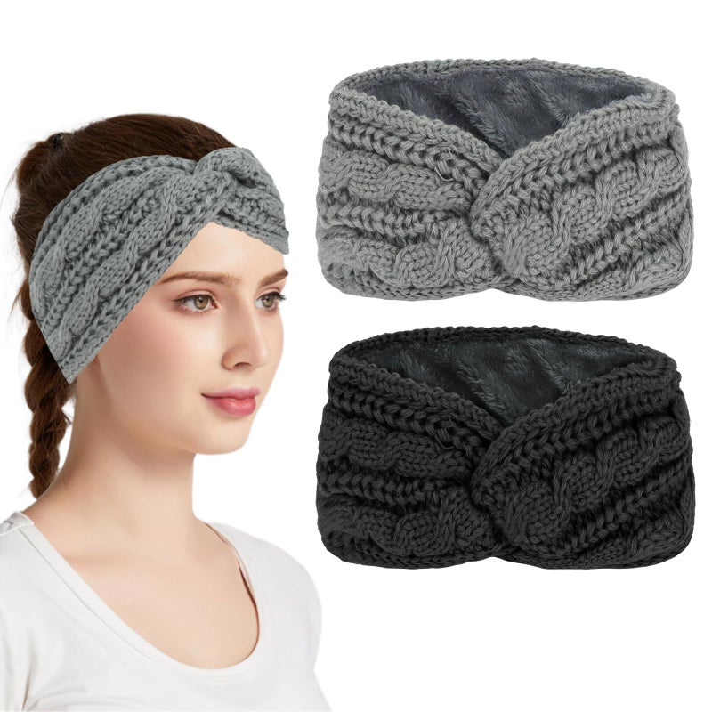 Semato 2 Pcs Ear Warmers Headband for Women Ear Muffs for Winter Women Thick Chunky Crochet Knitted Turban Headbands Winter Accessories(Light grey + dark grey) - Image 1