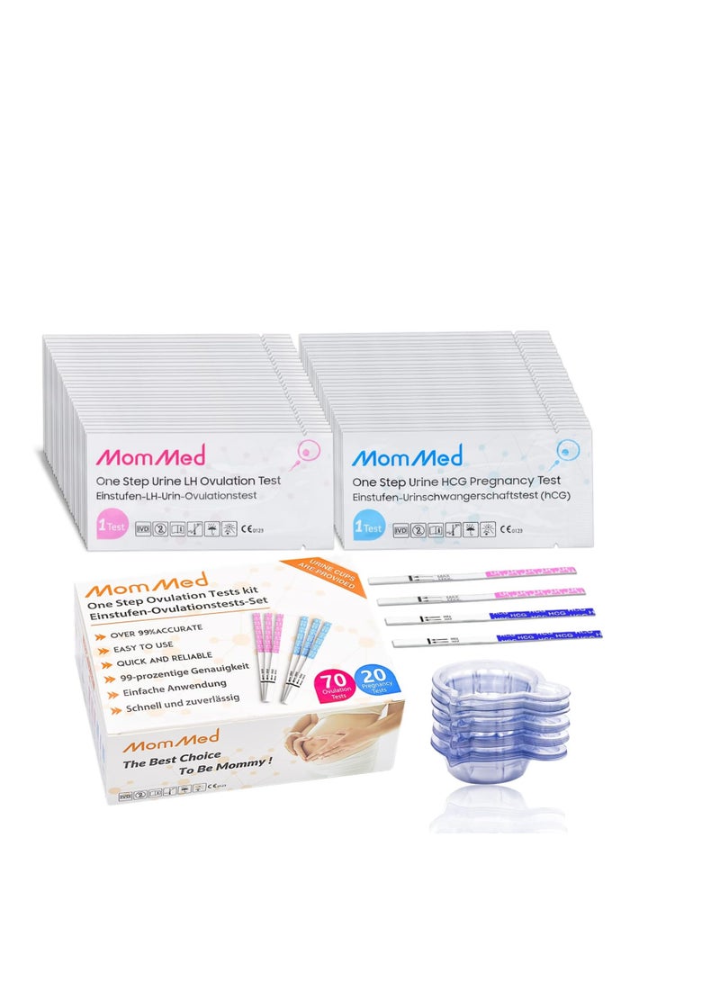 MomMed Ovulation Test Strips, Ovulation and Pregnancy Tests (LH20-HCG70), Includes 70 Ovulation Tests and 20 Pregnancy Tests with 70 Urine Cups, Accurately Track Ovulation and Detect Early Pregnancy - Image 1