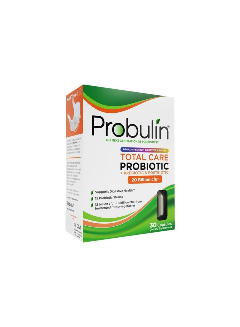 Total Care Probiotic + Prebiotic And Postbiotic Capsules For Digestive Support Pack Of 30'S