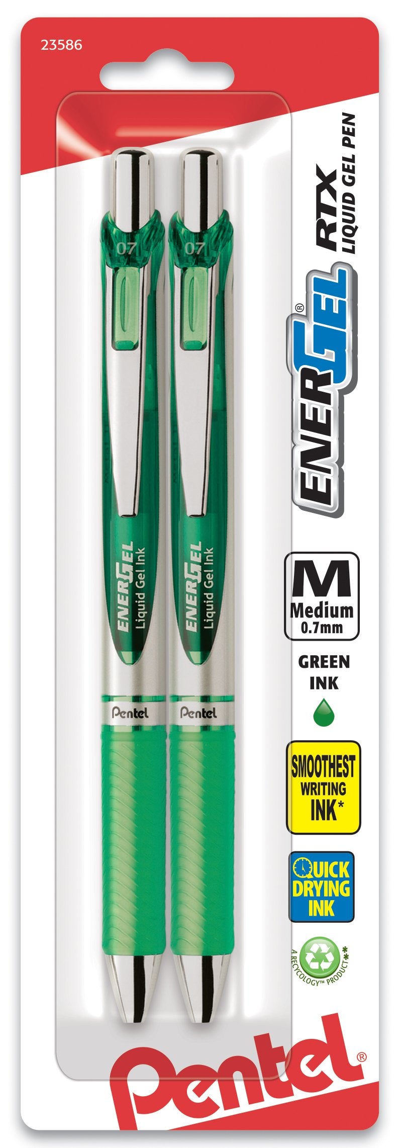 Pentel EnerGel RTX Retractable Liquid Gel Pen, (0.7mm), Medium Line, Metal Tip, Green Ink, Pack of 2 (BL77BP2D) - Image 1