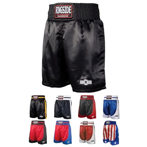 Ringside شورتات الملاكمة برو ستايل من رينغسايد، شورتات ساتان للرجال والنساء، مثالية لمنافسات MMA، موياي تاي، أسود، كبير - Image 1