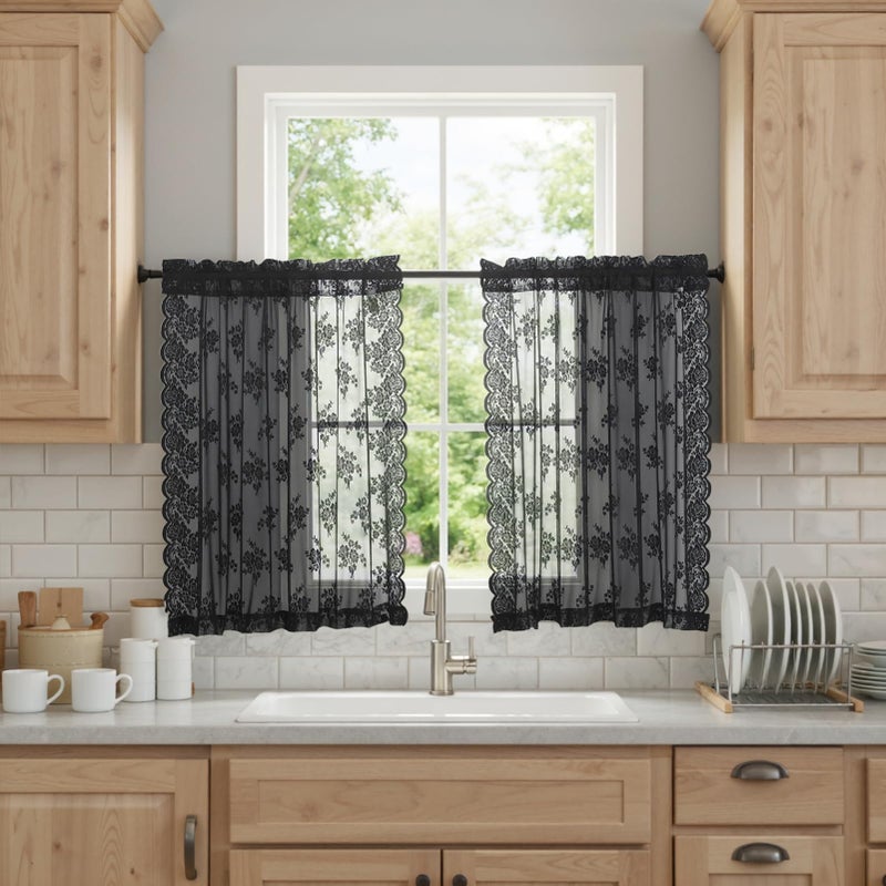 Kotile Short Black Lace Curtains 36 Inch Length 2 Panels, Country Rustic Floral Goth Floral Sheer Curtains for Small Window, Rod Pocket Privacy Lace Cafe Curtains, 42 x 36 Inch Each, 1 Pair, Black - Image 5