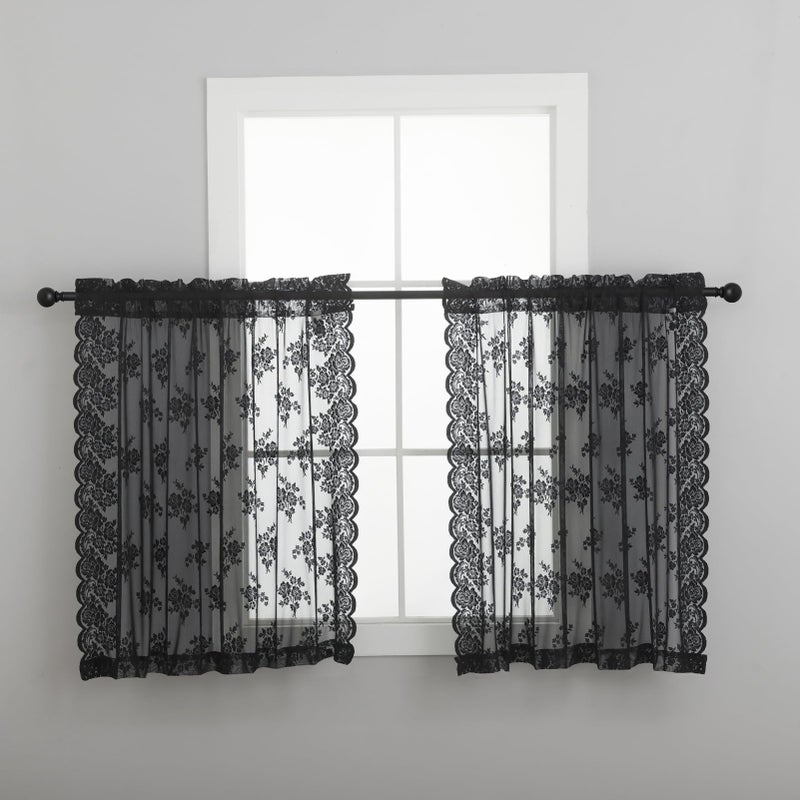 Kotile Short Black Lace Curtains 36 Inch Length 2 Panels, Country Rustic Floral Goth Floral Sheer Curtains for Small Window, Rod Pocket Privacy Lace Cafe Curtains, 42 x 36 Inch Each, 1 Pair, Black - Image 2