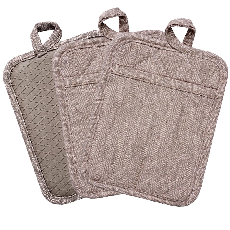 Pot Holders YarnDyed Set of 3 Non Slip Silicone Kitchen Lines Heat Resistant 500 Kitchen Gloves BBQ Cooking Baking Cooking Barbecue Microwave Machine Washable Khaki Pot Holders