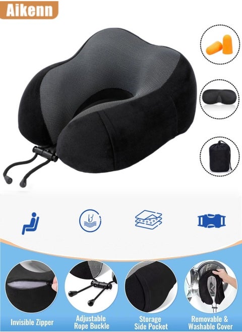 Travel Pillow,Neck Pillow For Traveling,100% Memory Foam Neck Pillow, Comfortable & Breathable Cover, Machine Washable, Airplane Travel Kit With 3d Contoured Eye Masks, Earplugs, And Luxury Bag,For Sleeping Airplane, Car, Office And Home(Black)