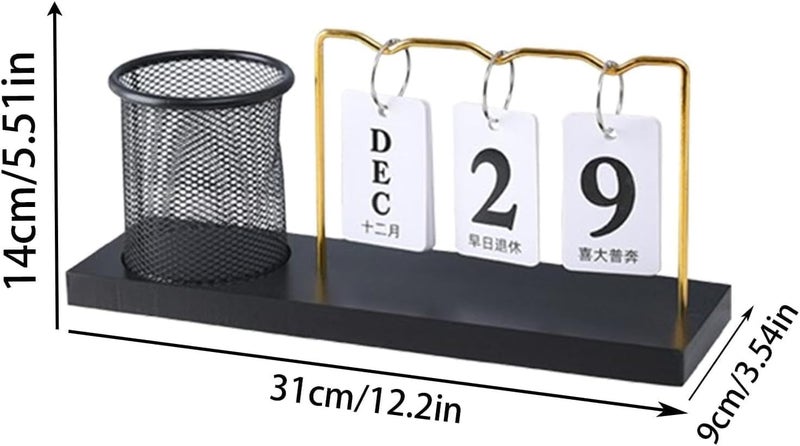 Desk Calendar with Pen Holder, Wooden and Gold Design, Adjustable Perpetual Calendar, Desk Organizer - Image 3