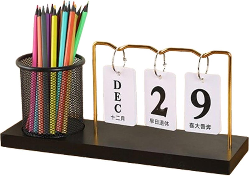 Desk Calendar with Pen Holder, Wooden and Gold Design, Adjustable Perpetual Calendar, Desk Organizer - Image 2