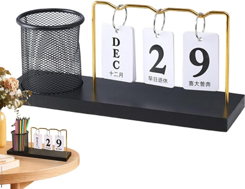 Desk Calendar with Pen Holder, Wooden and Gold Design, Adjustable Perpetual Calendar, Desk Organizer - Image 4