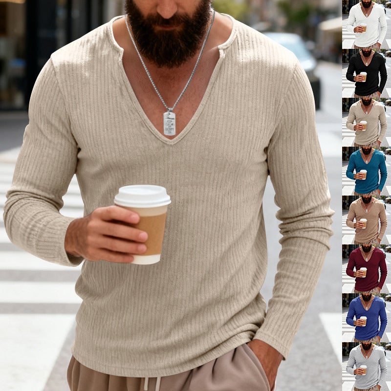 عبر الحدود الربيع والخريف فضفاض مرنة صعبة الرجل الرجال العادية عصرية كبيرة V رقبة تصميم طويلة الأكمام تي شيرت - Image 2