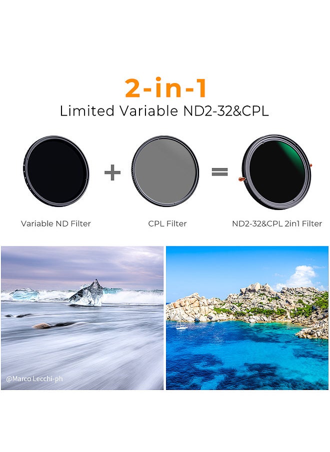 K&F Concept 77mm 2-in-1 Variable Adjustable ND Filter Neutral Density Fader 5-Stop ND2-ND32 and CPL Circular Polarizing Filter Ultra-thin with Cleaning Cloth for Camera Lens  - Image 2