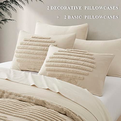 BEDAZZLED 5 Pieces King Duvet Cover Set, Boho Bedding Sets for Modern Home, Tufted and Super Soft Comforter Covers, Beige - Image 3