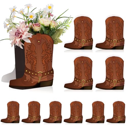 Weekgrat 16 Set Brown Western Cowboy Boots Flower Boxes Centerpiece Boot Shape Boxes Decorations Western Theme Party Cowgirl Favors for Cowboy Cowgirl Birthday Party Baby Shower Wedding Supplies - Image 1