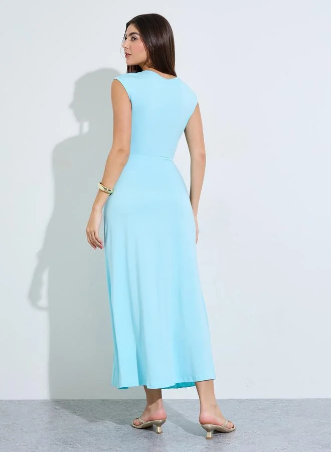 Styli sky blue Blue Solid Pleated A-Line Maxi Dress for Women | Best Price UAE
