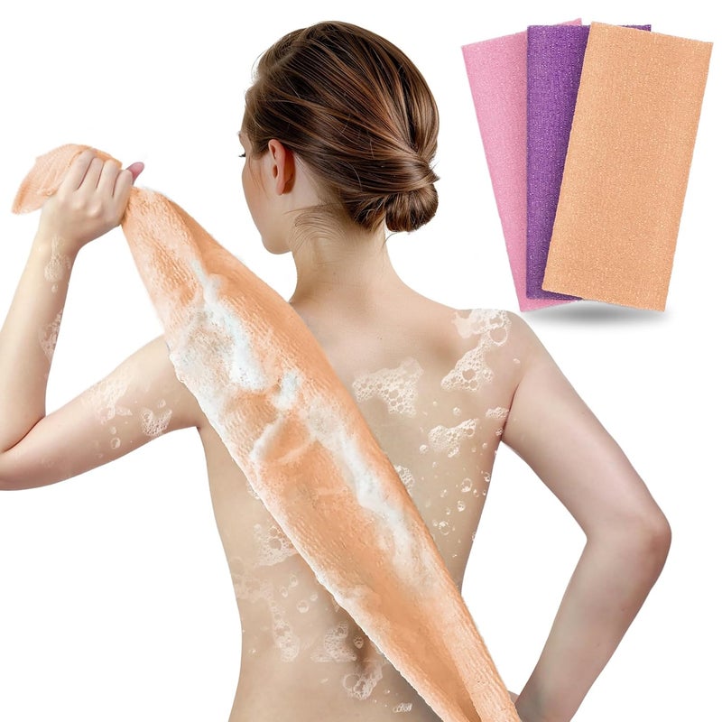 ARCH&M 3-Pack Premium Nylon Exfoliating Towel - 35-Inch Quick-Dry, Hygienic Japanese Washcloth for Body & Back - Durable, Machine Washable, Long-Lasting (Peach Purple Pink) - Image 1