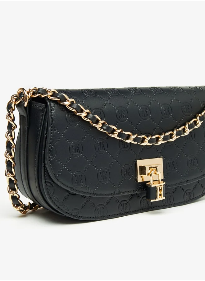 ايل Monogram Embossed Crossbody Bag with Chain Strap and Button Closure