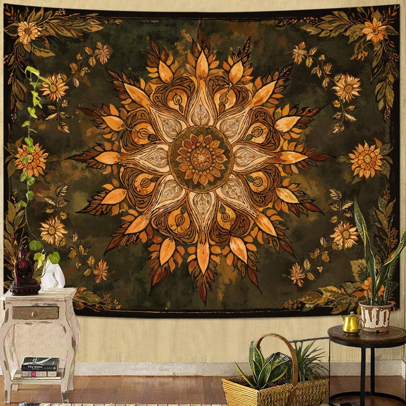 Neasow Mandala Tapestry, Vintage Boho Floral Wall Tapestries, Aesthetic Bohemian Decor for Living Room Bedroom, Retro Green Art 36Ã—48 inches - Image 1
