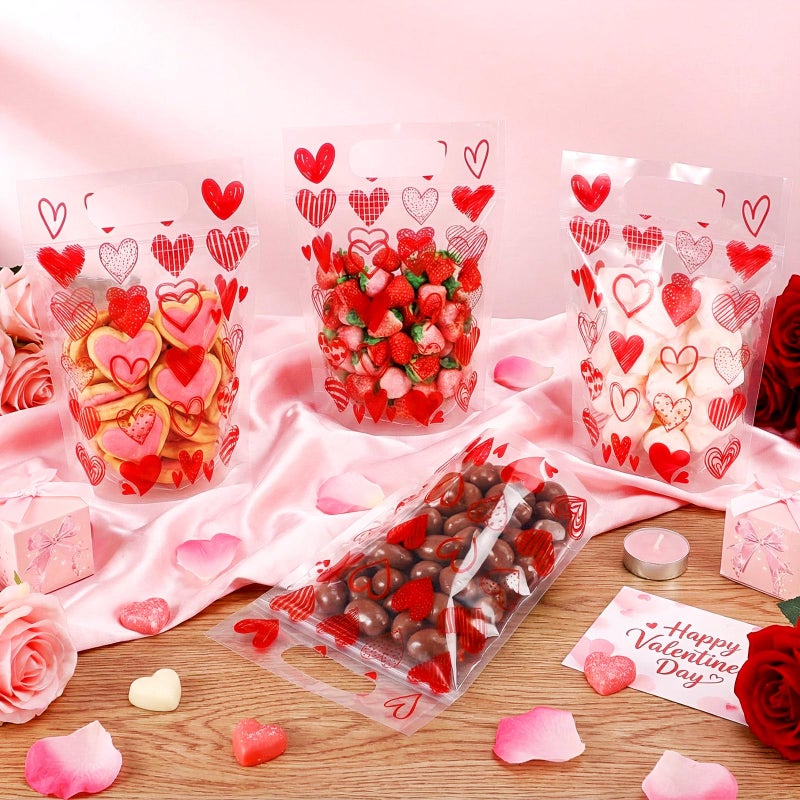 Blosssound 25 Pcs Valentine's Day Gift Bags Valentines Standing Plastic Reusable Red Heart Bag with Handles Galentines Day Wrapping Pouch for Classroom Wedding Birthday Party Favor (Mixed Valentines) - Image 4