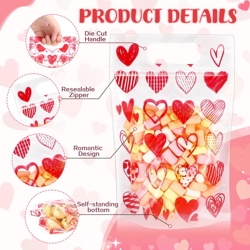 Blosssound 25 Pcs Valentine's Day Gift Bags Valentines Standing Plastic Reusable Red Heart Bag with Handles Galentines Day Wrapping Pouch for Classroom Wedding Birthday Party Favor (Mixed Valentines) - Image 3