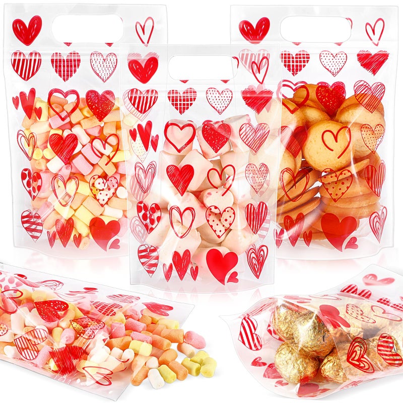 Blosssound 25 Pcs Valentine's Day Gift Bags Valentines Standing Plastic Reusable Red Heart Bag with Handles Galentines Day Wrapping Pouch for Classroom Wedding Birthday Party Favor (Mixed Valentines) - Image 1