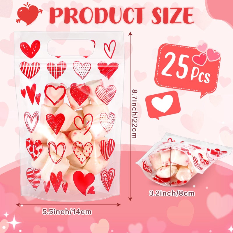 Blosssound 25 Pcs Valentine's Day Gift Bags Valentines Standing Plastic Reusable Red Heart Bag with Handles Galentines Day Wrapping Pouch for Classroom Wedding Birthday Party Favor (Mixed Valentines) - Image 2