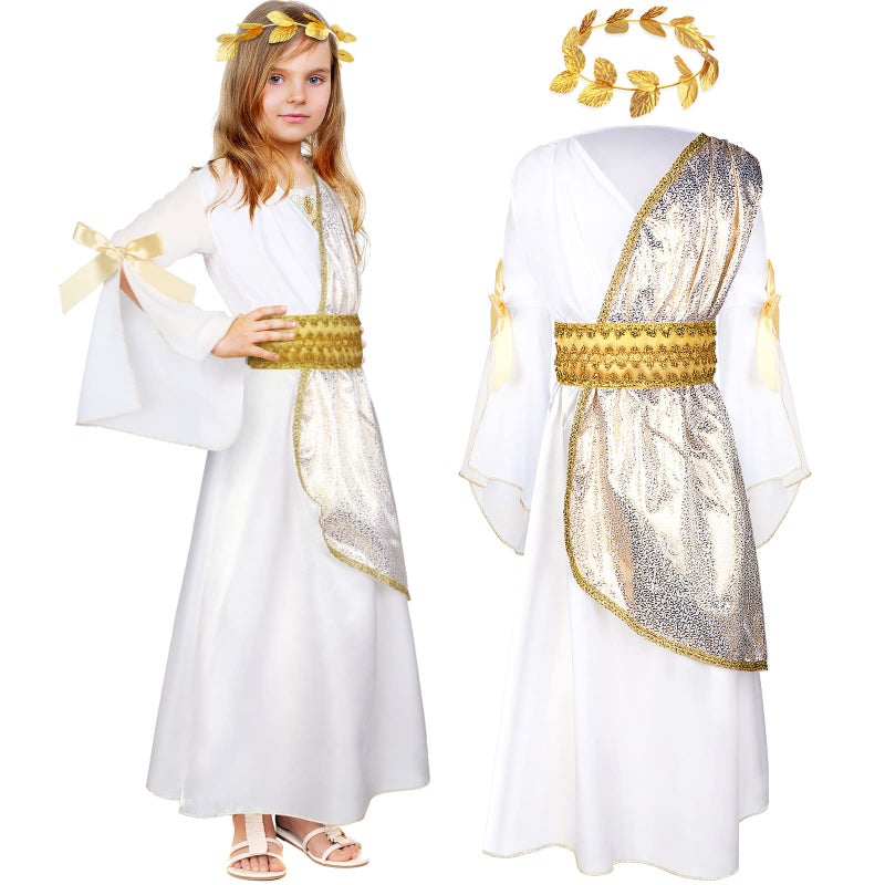 Geyoga 2 Pcs Greek Toga Costume Girls Grecian Roman Costume and Roman Crown Leaf Wreath HalloweenKid Size XSmallWhite Gold