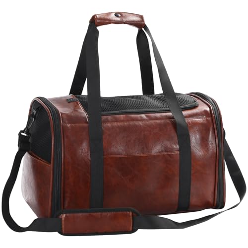Lasaviin Fashion Leather Dog Carrier Cat Carrier Airline Approved Pet Carrier for Small Medium Dogs Cats Under 15Lbs Collapsible Soft Sided Travel Puppy Carrier Coffee - Image 1