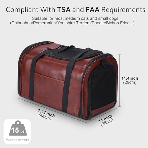 Lasaviin Fashion Leather Dog Carrier Cat Carrier Airline Approved Pet Carrier for Small Medium Dogs Cats Under 15Lbs Collapsible Soft Sided Travel Puppy Carrier Coffee - Image 3