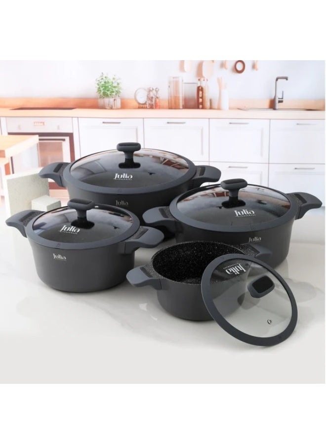جوليا طقم أواني طهي جوليا  إيليت إيدج  8 قطع مع أغطية - رمادي - جرانيت أسود غير لاصق - يدعم الحث الحراري - Image 1