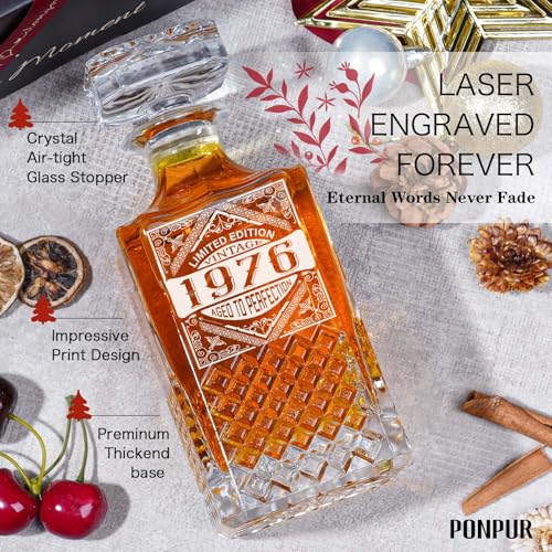PONPUR 50th Birthday Gifts For Men Dad, 1976 Laser Whiskey Decanter Set with Gift Box, Anniversary Birthday Gift Ideas for Him Husband, 50 Years Bday Decorations, Whiskey Glasses & Whisky Stones Inc. - Image 2