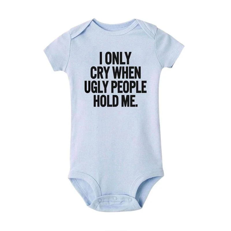 Matching Family Outfits “I Only Cry When People Hold Me” Baby Romper – Funny Attitude Quote Infant Bodysuit, Soft Cotton Short Sleeve Newborn Outfit, Unisex Baby Boy Girl Jumpsuit, Playful Humor Baby Gift (BLUE)