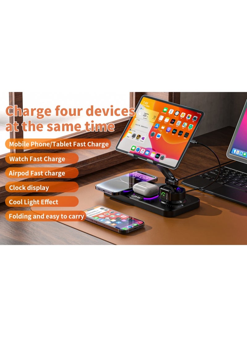 LBMT شاحن لاسلكي 6 في 1 لجهاز Apple، محطة شحن قابلة للطي لجهاز iPad مع عرض ساعتين وإضاءة محيطية بـ 7 ألوان، شاحن وقوف لاسلكي لسلسلة iWatch / iPhone 16/15/14 / AirPods 4/3 (أسود) - Image 4