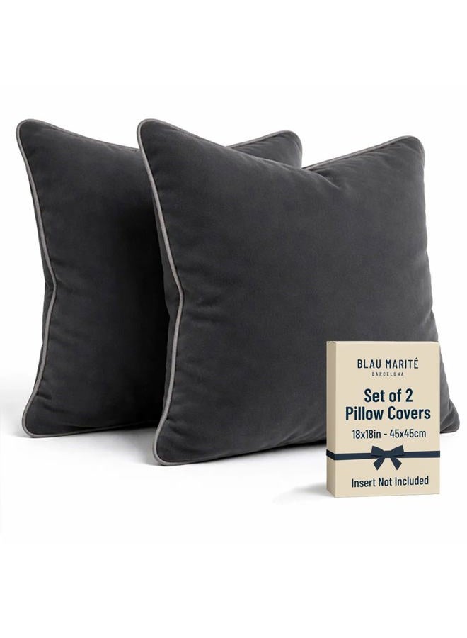 Blau Marité Decorative Velvet Throw Pillow Covers with Trim. Soft Velvet Decorative Pillow Cases. Velvet Cushion Covers. Contrast Pipping.(Deep Grey, 18"x18") - Image 1