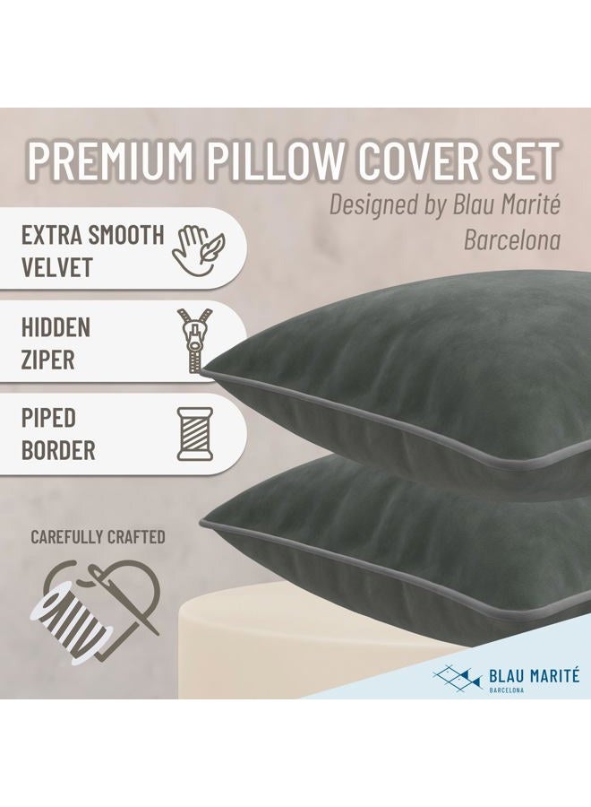 Blau Marité Decorative Velvet Throw Pillow Covers with Trim. Soft Velvet Decorative Pillow Cases. Velvet Cushion Covers. Contrast Pipping.(Deep Grey, 18"x18") - Image 2