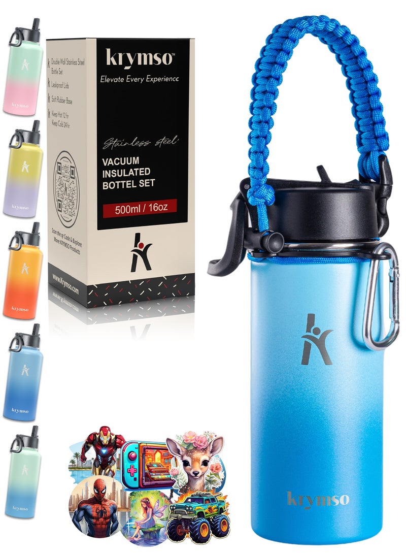 KRYMSO 500ml Water Bottle, Stainless Steel Water Bottle, Water Bottle for Kids Water Bottle with Straw, Thermos, Insulated Water Bottle, Water 500ml with Ai Stickers - Image 1
