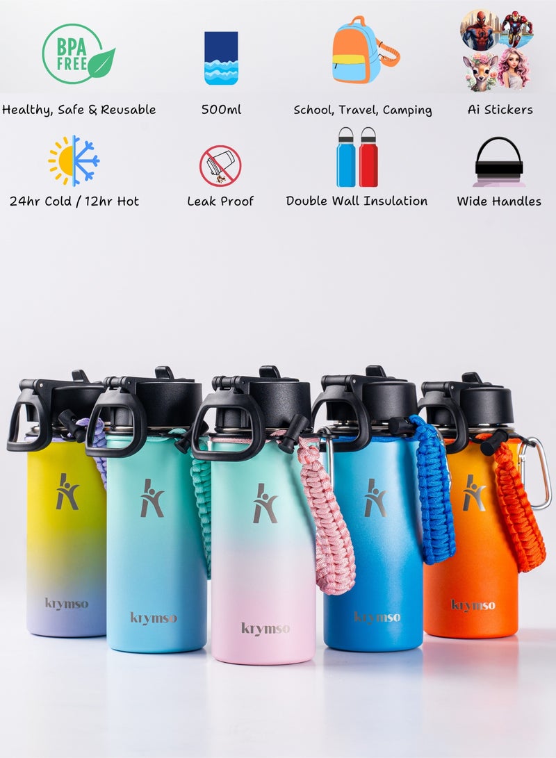 KRYMSO 500ml Water Bottle, Stainless Steel Water Bottle, Water Bottle for Kids Water Bottle with Straw, Thermos, Insulated Water Bottle, Water 500ml with Ai Stickers - Image 2