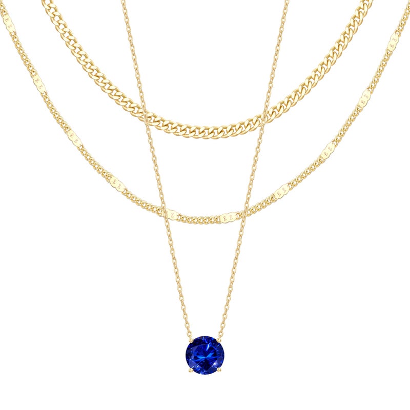 WomenGifts September Created Sapphire (Royal Blue) Layered Necklace Set, 14K Gold Plated Birthstone Pendant with Choker Cuban Link & Satellite Chain, Personalized Jewelry Gift - Image 1