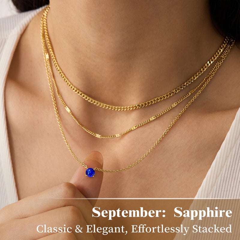 WomenGifts September Created Sapphire (Royal Blue) Layered Necklace Set, 14K Gold Plated Birthstone Pendant with Choker Cuban Link & Satellite Chain, Personalized Jewelry Gift - Image 4
