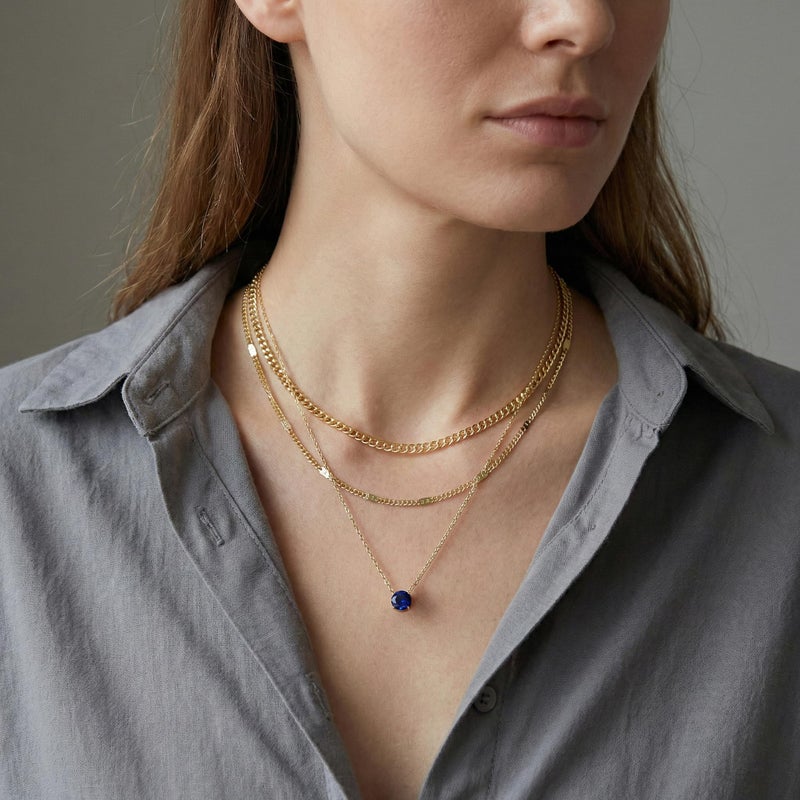 WomenGifts September Created Sapphire (Royal Blue) Layered Necklace Set, 14K Gold Plated Birthstone Pendant with Choker Cuban Link & Satellite Chain, Personalized Jewelry Gift - Image 2