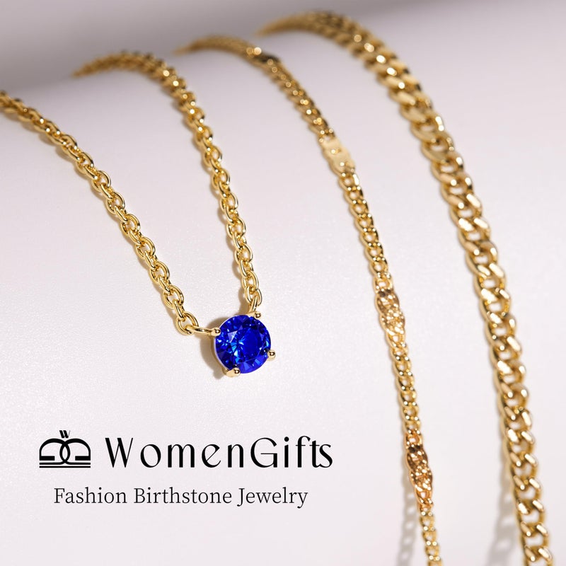 WomenGifts September Created Sapphire (Royal Blue) Layered Necklace Set, 14K Gold Plated Birthstone Pendant with Choker Cuban Link & Satellite Chain, Personalized Jewelry Gift - Image 3