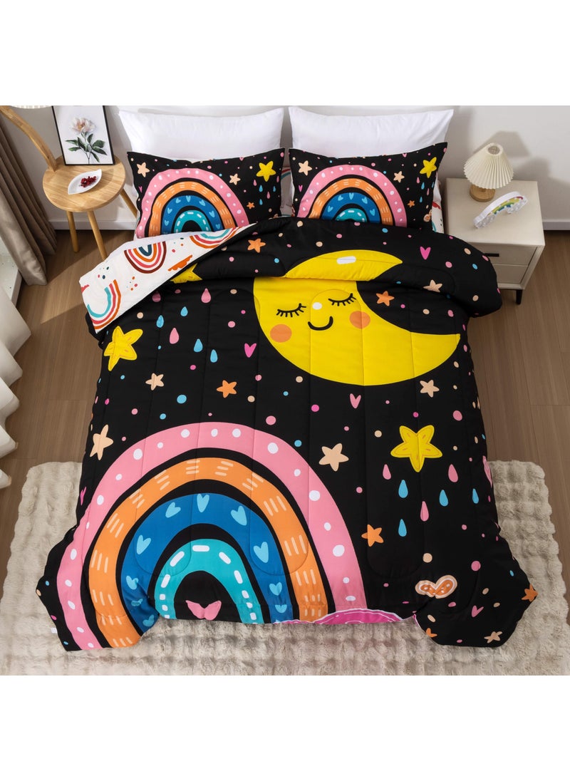 Btargot Btargot Lightweight Soft 3 Piece Rainbow Comforter Set with 2 Pillow Covers  Cartoon Love Hearts Flowers and Sun Moon Star Bedding Set for Girls Boys Kids  Twin Black  - Image 1