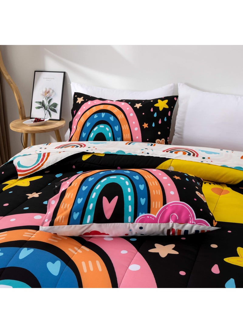 Btargot Btargot Lightweight Soft 3 Piece Rainbow Comforter Set with 2 Pillow Covers  Cartoon Love Hearts Flowers and Sun Moon Star Bedding Set for Girls Boys Kids  Twin Black  - Image 5