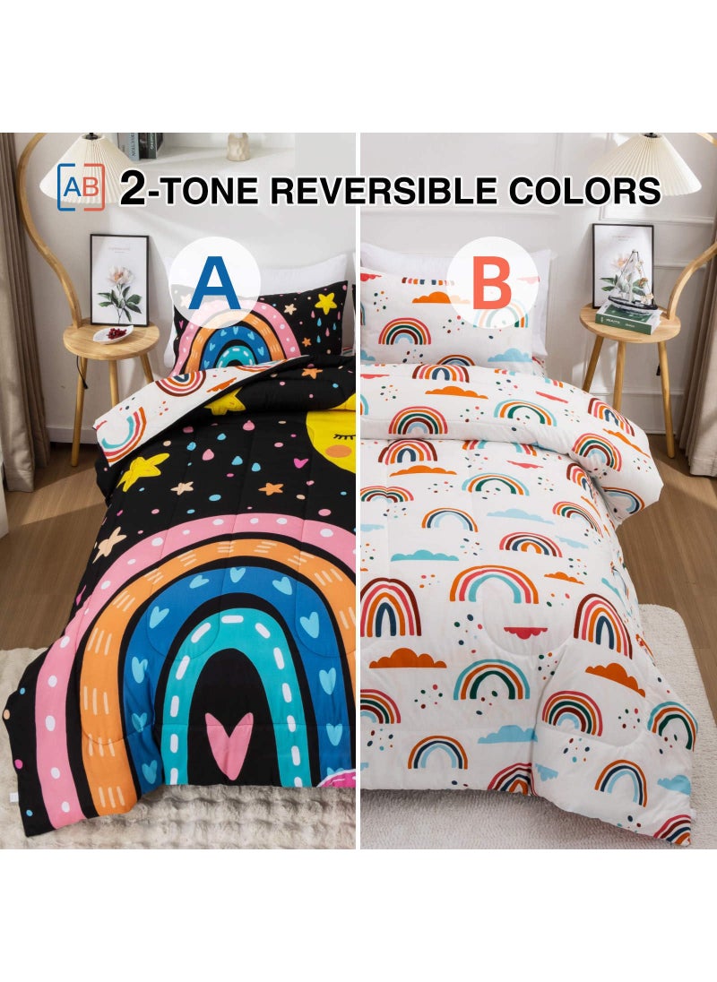 Btargot Btargot Lightweight Soft 3 Piece Rainbow Comforter Set with 2 Pillow Covers  Cartoon Love Hearts Flowers and Sun Moon Star Bedding Set for Girls Boys Kids  Twin Black  - Image 2